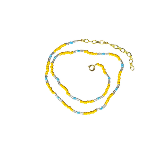 necklace - yellow, baby blue & clear